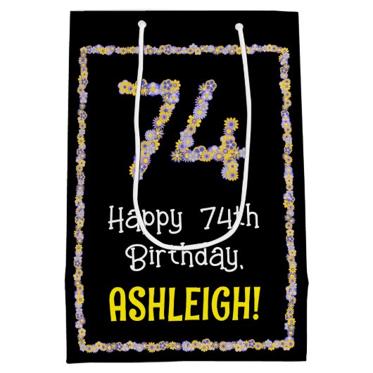 74e verjaardag: Floral Flowers Number, Custom Name Medium Cadeauzakje (Achterkant)