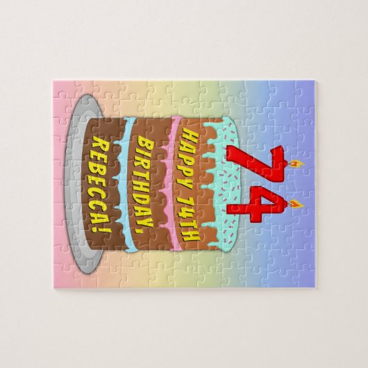 74e verjaardag: Fun Cake and Candles + Custom Name Legpuzzel (Horizontaal)