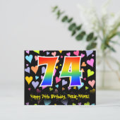 74e verjaardag: Fun Hearts-patroon, Regenboog 74 Briefkaart (Staand voorkant)