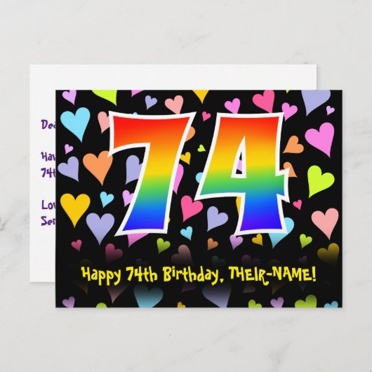 74e verjaardag: Fun Hearts Pattern, Regenboog 74 Briefkaart (Voorkant / Achterkant)
