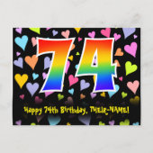 74e verjaardag: Fun Hearts Pattern, Regenboog 74 Briefkaart (Voorkant)