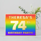 74e verjaardag: Fun, kleurrijk regenboogpatroon Folie Uitnodiging (Staand Voorkant)