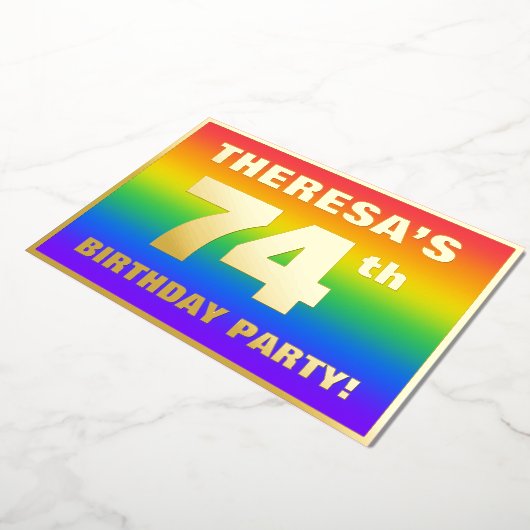 74e verjaardag: Fun, kleurrijk regenboogpatroon Folie Uitnodiging (Gedraaid)