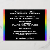 74e verjaardag: Fun, kleurrijk regenboogpatroon Folie Uitnodiging (Achterkant)