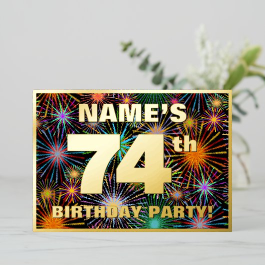 74e verjaardag — Fun, kleurrijke Fireworks look Folie Uitnodiging (Staand Voorkant)