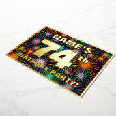 74e verjaardag — Fun, kleurrijke Fireworks look Folie Uitnodiging (Gedraaid)