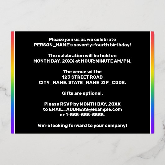 74e verjaardag — Fun, kleurrijke Fireworks look Folie Uitnodiging (Achterkant)