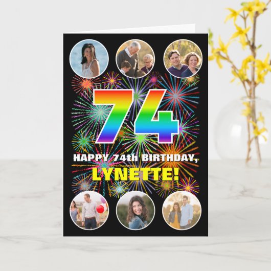 74e verjaardag: Fun Rainbow #, aangepaste naam & f Kaart (Gele Bloem)