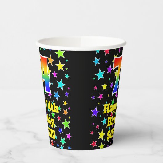 74e verjaardag: Fun Stars Pattern en Rainbow 74 Papieren Bekers (Links)