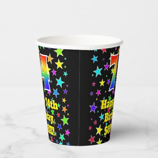 74e verjaardag: Fun Stars Pattern en Rainbow 74 Papieren Bekers (Rechts)