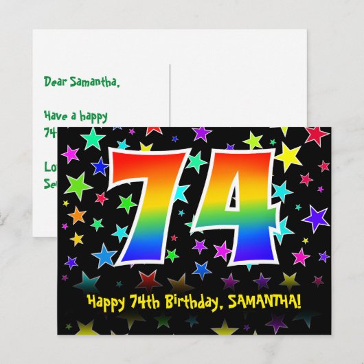 74e Verjaardag: Fun Sterren Patroon, Regenboog 74, Briefkaart (Voorkant / Achterkant)