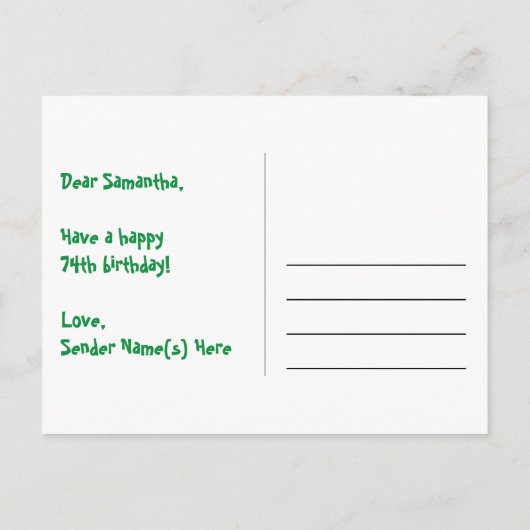 74e Verjaardag: Fun Sterren Patroon, Regenboog 74, Briefkaart (Achterkant)