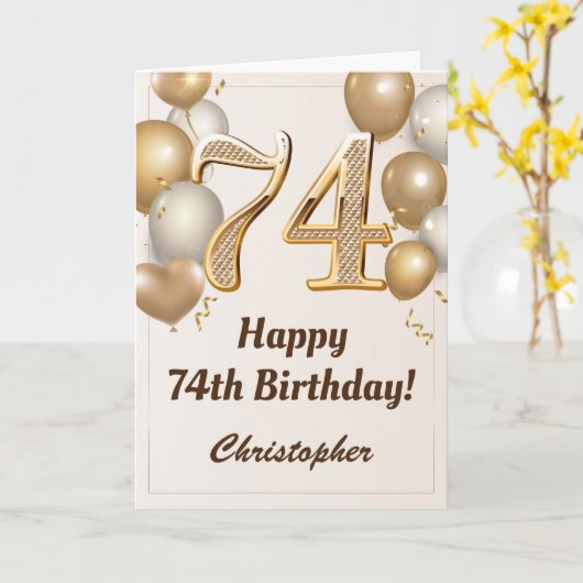 74e verjaardag goudballonnen en Confetti verjaarda Kaart (Gele Bloem)