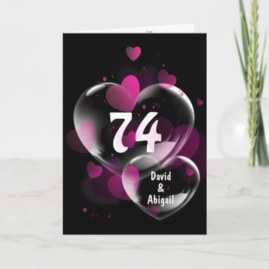 74e verjaardag Hart Bubbles op Zwarte kaart (Voorkant)
