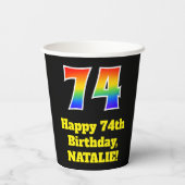 74e verjaardag: Kleurrijk, Leuk, Spannend, Regenbo Papieren Bekers (Achterkant)