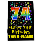 74e verjaardag: kleurrijk sterrenpatroon en regenb medium cadeauzakje (Voorkant)