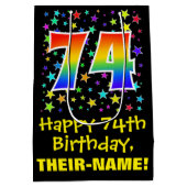 74e verjaardag: kleurrijk sterrenpatroon en regenb medium cadeauzakje (Achterkant)