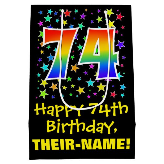 74e verjaardag: kleurrijk sterrenpatroon en regenb medium cadeauzakje (Achterkant)