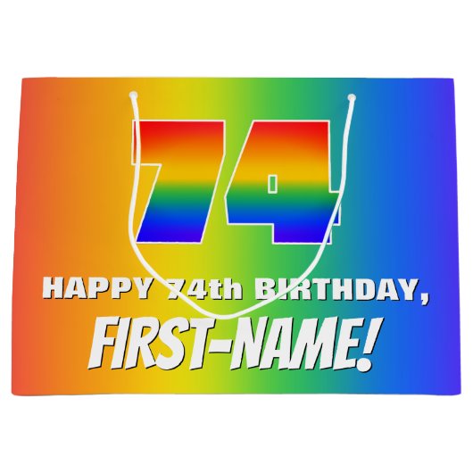 74e verjaardag: kleurrijk, vun regenboogpatroon #  groot cadeauzakje (Voorkant)