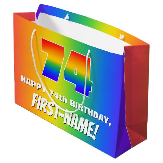 74e verjaardag: kleurrijk, vun regenboogpatroon #  groot cadeauzakje (Achterkant Gekanteld)