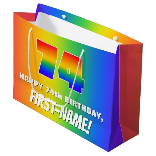 74e verjaardag: kleurrijk, vun regenboogpatroon #  groot cadeauzakje (Voorkant Gekanteld)