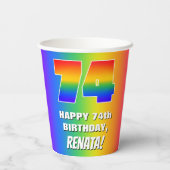 74e verjaardag: kleurrijk, vun regenboogpatroon # papieren bekers (Achterkant)