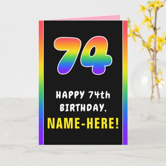 74e verjaardag: kleurrijke regenboog # 74, aangepa kaart (Gele Bloem)