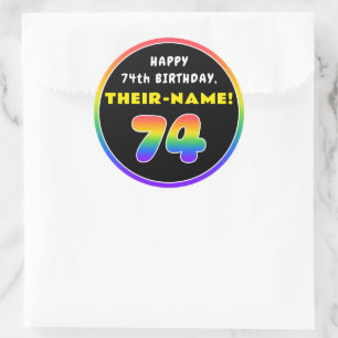 74e verjaardag: kleurrijke regenboog # 74, aangepa ronde sticker