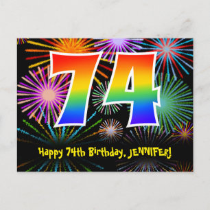 74e verjaardag - Leuk vuurwerkpatroon + Regenboog  Briefkaart