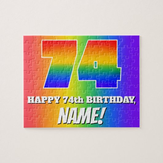 74e verjaardag — Meerkleurig regenboogpatroon "74" Legpuzzel (Horizontaal)