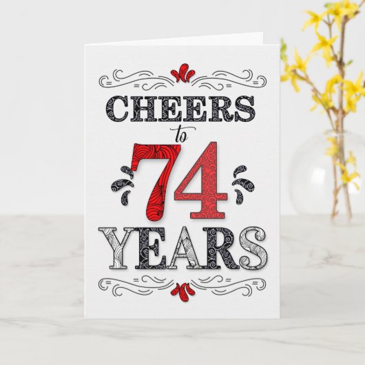 74e verjaardag Proost in rood wit zwart patroon Kaart (Gele Bloem)