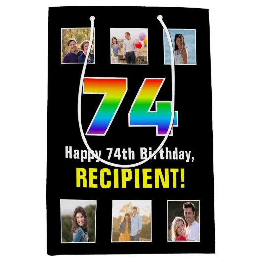 74e verjaardag: Regenboog "74", aangepaste foto's Medium Cadeauzakje (Voorkant)