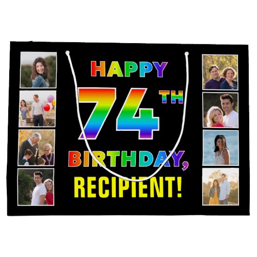 74e verjaardag: regenboogtekst, aangepaste foto's  groot cadeauzakje (Achterkant)
