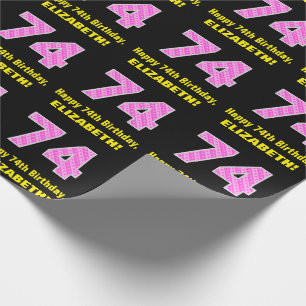 74e verjaardag: Roze strepen en hart "74" + naam Cadeaupapier