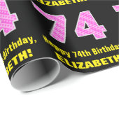 74e verjaardag: Roze strepen en hart "74" + naam Cadeaupapier (Rol Hoek)