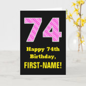 74e verjaardag: Roze strepen en hart "74" + naam Kaart (Gele Bloem)
