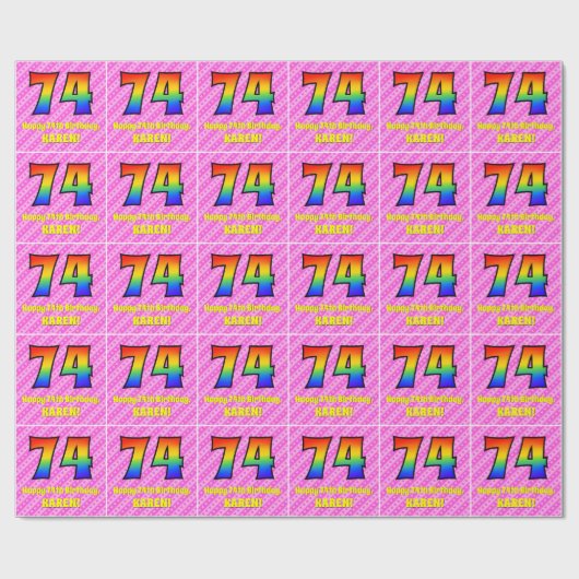 74e verjaardag: roze strepen & harten, regenboog # cadeaupapier (Vlak)