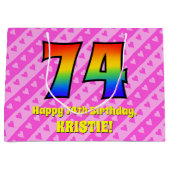 74e verjaardag: roze strepen & harten, regenboog # groot cadeauzakje (Voorkant)
