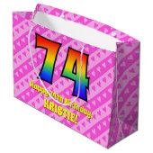 74e verjaardag: roze strepen & harten, regenboog # groot cadeauzakje (Achterkant Gekanteld)