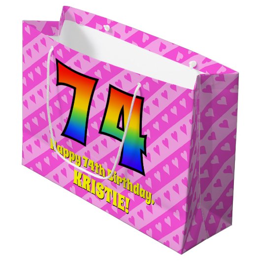 74e verjaardag: roze strepen & harten, regenboog # groot cadeauzakje (Voorkant Gekanteld)