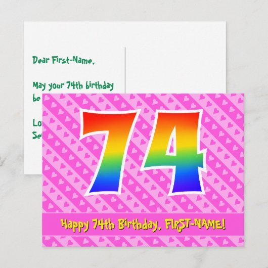 74e verjaardag: Roze strips en harten, regenboog 7 Briefkaart (Voorkant / Achterkant)