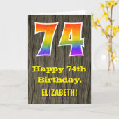 74e verjaardag: Rustieke Faux Wood Look, Regenboog Kaart (Gele Bloem)