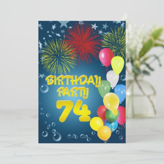 74e verjaardag Uitnodiging met ballonnen (Staand voorkant)