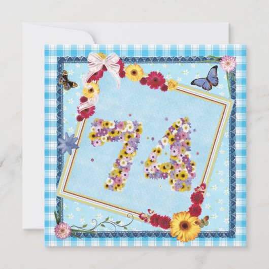74e verjaardag Uitnodigingsbloemen, vlinders Kaart (Voorkant)