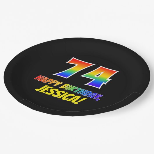74e verjaardag: Vet, Vun, Eenvoudig, Regenboog 74 Papieren Bordje (Gekanteld)