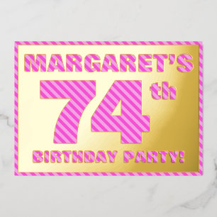 74e verjaardag — Vet, vuurtje, roze band # 74 Folie Uitnodiging