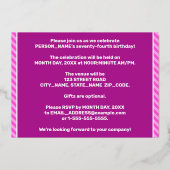 74e verjaardag — Vet, vuurtje, roze band # 74 Folie Uitnodiging (Achterkant)