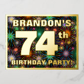 74e verjaardag: Vette, kleurrijke Fireworks-look Folie Uitnodiging Briefkaart (Voorkant)