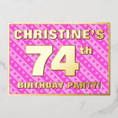 74e verjaardag — vuurroze harten en strips folie uitnodiging (Voorkant)