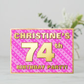 74e verjaardag — vuurroze harten en strips folie uitnodiging (Staand Voorkant)